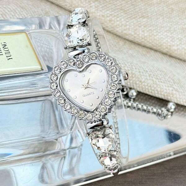 1pc Women's Elegant Quartz Watch With 3 Diamond Hearts, Rhinestone Bezel, And Sunburst Dial