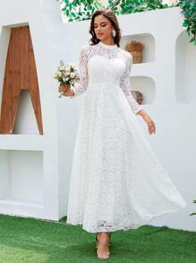 Vestido de Noiva Feminino de Renda com Mangas Longas, Gola Alta, Costas Abertas, Balanço Longo até o Chão, Vestido de Festa Elegante