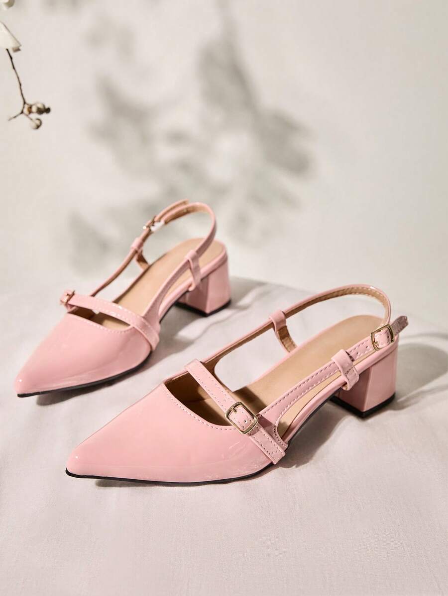 女士尖头粗跟露跟凉鞋，圣诞节冬季圣诞礼物 - 粉色 - 查看 1