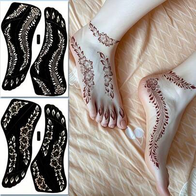 2 Sheets Reusable Floral Foot Tattoo Stencils - Elegant Black & Red Designs For DIY Body Art, Perfect For Festivals, Parties, And Everyday Use, Easy To Apply & Remove, Festival Makeup | Mehndi Style | Easy Removal