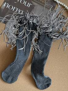 1 双女童流苏舞蹈袜，儿童闪亮亮片流苏中筒袜，百搭，适合所有季节 - 彩色 - 查看 10