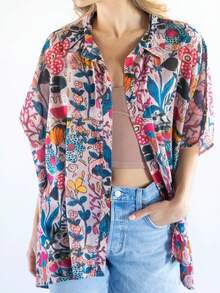 女士夏季衬衫休闲宽松度假短袖衬衫，适合海滩、日常穿着、度假和旅行 - 彩色 - 查看 4