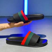 New Fashionable Men's Thick Sole Striped Slippers, Non-Slip Indoor/Outdoor House & Bathroom Flip Flops, 3 Colors Best Seller Black & Green Sandals - Black - View 4