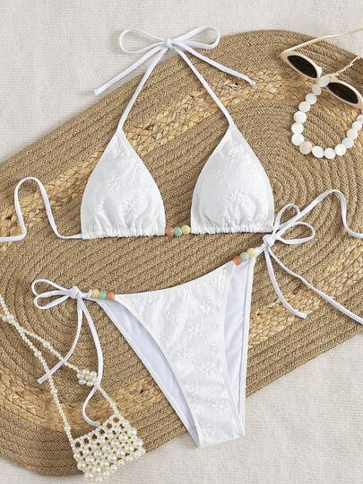Bikini 2 mảnh màu trơn thanh lịch hở lưng buộc lưng bằng vải jacquard đính hạt cho nữ, thích hợp đi biển, tiệc tùng, biểu diễn sân khấu, mùa hè