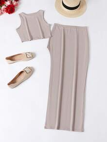 两件套女士夏季纯色圆领背心和高腰开衩半裙性感套装 - 灰 - 查看 3