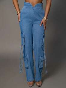 Pantalones de pierna ancha con cintura alta, efecto lavado, con volantes y cordón en estilo de moda callejera europea y americana