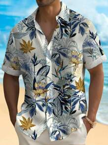 Plus Size Men Floral Print Short Sleeve Single-Breasted Casual Shirt