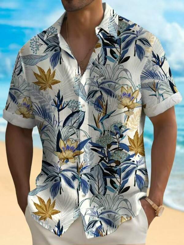 Plus Size Men Floral Print Short Sleeve Single-Breasted Casual Shirt