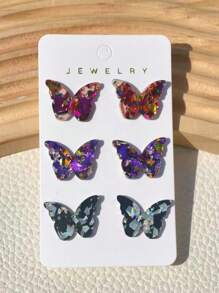3 pares de aretes tipo mariposa de acrílico en colores brillantes surtidos, con un toque de brillo, apropiados como regalo para mujeres jóvenes y parejas