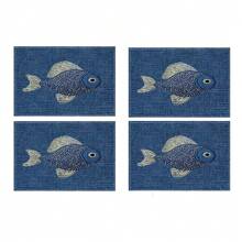 4 Piezas Mantel individual con patrón bordado de peces, antideslizante y sin arrugas de lino, adecuado para restaurante y decoración del hogar, ideal para bodas y aniversarios