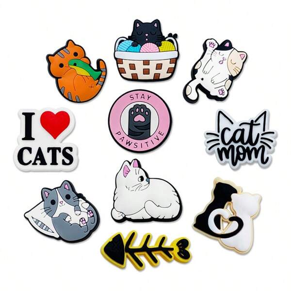 10Pcs Cute Cats Series DIY Charms For Shoe Key Chain Sandals Beach Bags, PVC Shoe Charms For Clogs Premium Quality Popular Decorations Accessories Great Gifts For Christmas, Birthday, Party