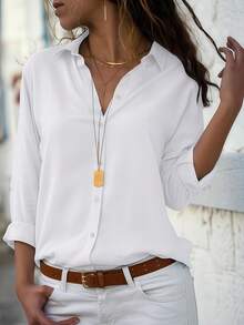 Women's Classic White Turndown Collar Long Sleeve Button Front Woven Shirt, Regular Fit Top Spring - White - View 4