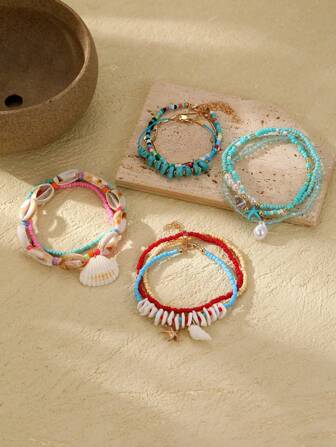 Set de 3 piezas Tobillera colgante con cuentas de vidrio, conchas y estrellas de mar en estilo bohemio para mujeres