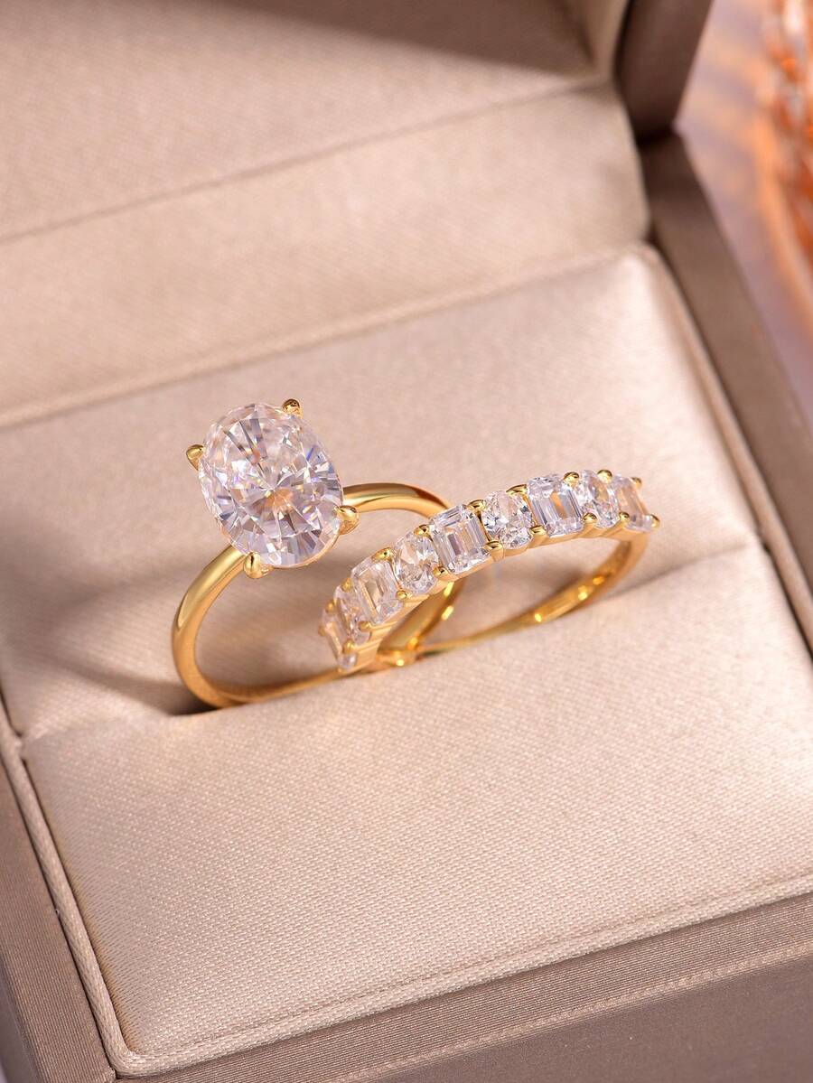 2 Stücke Luxus Set, europäischer & amerikanischer Stil S925 Silber ovaler Moissanit 4,5 Karat Ring, Verlobungs-/Hochzeits-/Party-/Alltags-Accessoire für Frauen