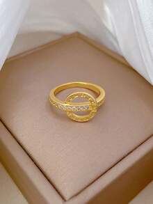 1pc Elegant & Charming Women Jewelry Gold Color Zirconia Embedded Double Circle Interlocked Ring, Fashion Ring For Women, Summer Accessories, Gift For Girlfriend/Mother/Graduation - Yellow Gold - View 7