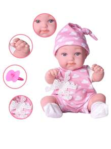 DOLL MEET One Piece 12.6 Inches Newreborn Baby Doll Pink Cloud Pattern Clothes Vinyl Body 32cm Realistic Reborn Baby Dolls With Fashion Stocking & Hat, Perfect Birthday Gift For Girls 3+