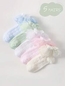 5 Pairs Girls' Colorful Casual Ruffle/Lace Edge Breathable Mesh Spring/Summer Thin Socks, Princess Style, Suitable For Daily Life, Parties, Back To School - Multicolor - View 9