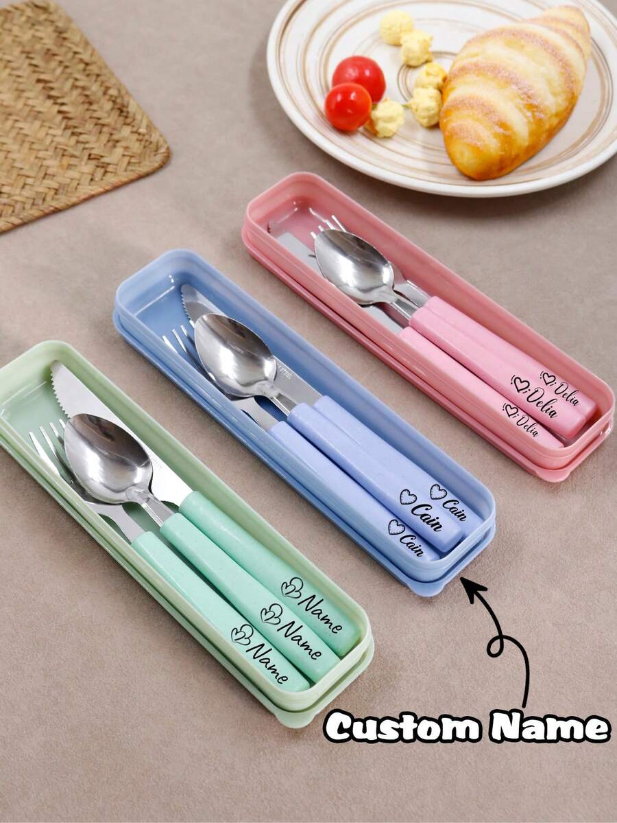 Custom Name Forks Spoons And Knives Set, Personalized Forks Stainless Steel, Customized Portable Tableware Three Pieces Set, Christmas, Christmas Gifts, Anniversary, Travel, Portable, With Cartoon Pattern, Friends, Colleagues, Office, Unique Gift - Style B - View 1