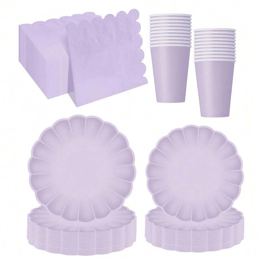 10pcs/20pcs/40pcs/50pcs/Set, Purple Scalloped Paper Plates,Cups And Napkins Set, Fan Shaped Paper Plate 9 Inch 7 Inch Shell Edge Disposable Dinner Tray Paper Cup Paper Towel Birthday Wedding Party Decoration (Light Purple) Mother's Day Gift Wedding Birthday Party Supplies Daily Picnic Camping Tray - Purple - View 1