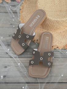 1 Pair Girls Open Toe PU Leather Flat Non-Slip Bottom Slide Sandals, Comfortable Fashion Suitable For Summer Outdoor, Beach