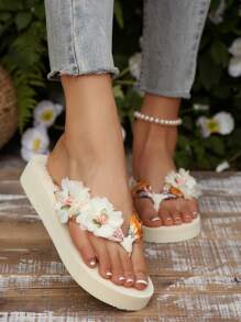 Sandálias de Praia com Decoração Floral Casual, Chinelos Slip-On para Praia e Viagens, Design Simples e Fresco