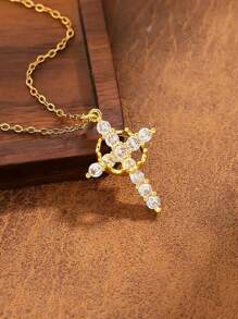 1 Piece Ladies' Zirconia Cross Necklace - Exquisite Cubic Zirconia Pendant Necklace Simple Gold Cross Pendant Necklace
