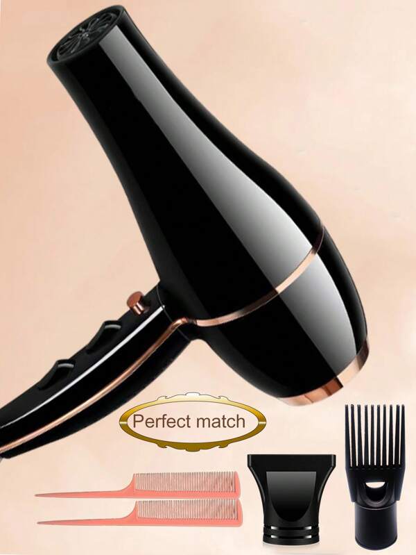 1pc High Power Household Hair Dryer, Made Of Nylon Heat-Resistant Material, Black & Golden Color For Luxury Look, Comes With Hurricane Diffuser And Straightening Brush/Random Pointed Comb, Various Combinations To Choose From, Random Outlet Cover Style