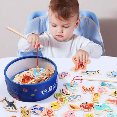 Wooden Children's Ocean Fishing Toy, Baby Early Education Puzzle Cartoon Fun Magnetic Marine Biology Cognitive Simulation Fishing Set (15 Bags Of Small Fish Randomly Assigned)