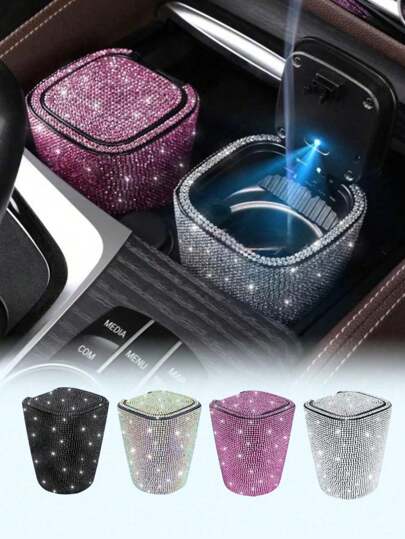 1pc Car Accessories Studded Car Ashtray Fashion Led Lamp Multifunctional Car Creative Car Ashtray For Men And Women/Luxury Rhinestone Ashtray, With Cover, Portable Ashtray-Free Hot Drilling Car Ashtray/Applicable Holiday Gifts