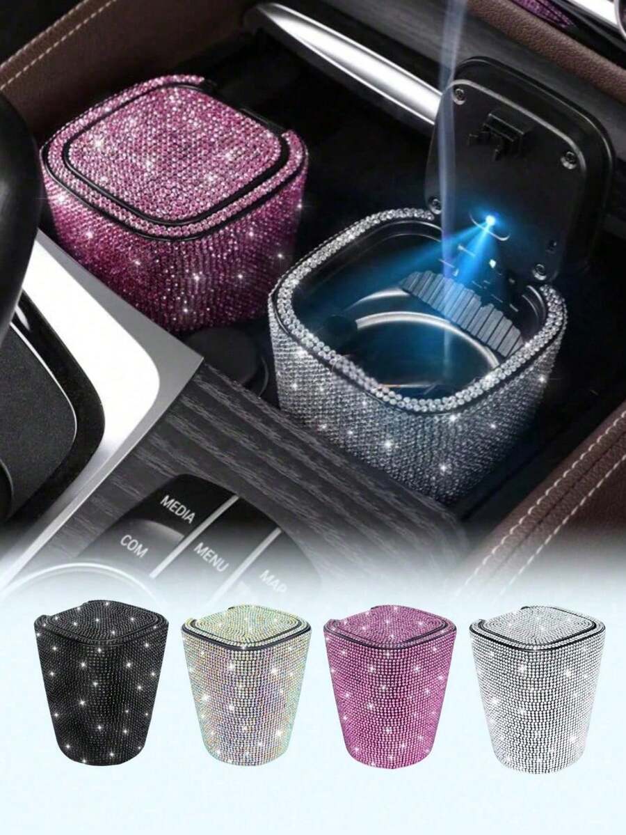 1pc Car Accessories Studded Car Ashtray Fashion Led Lamp Multifunctional Car Creative Car Ashtray For Men And Women/Luxury Rhinestone Ashtray, With Cover, Portable Ashtray-Free Hot Drilling Car Ashtray/Applicable Holiday Gifts - Multicolor - View 1