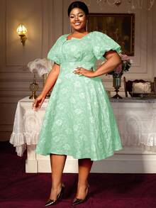 Jacqard A Line Party Dresses Square Collar Lantern Sleeves Elegant Wedding Guest Birthday Curve Women Back To School