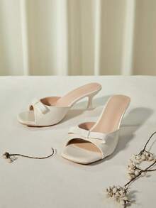 女士蝴蝶结装饰穆勒高跟凉鞋，优雅户外高跟凉鞋，情人节圣诞节冬季圣诞礼物 - 白色 - 查看 2