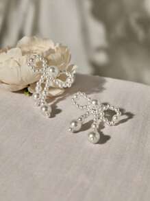 Pendientes con lazo y perlas falsas elegantes y de moda para mujer, ideal para el Día de San Valentín