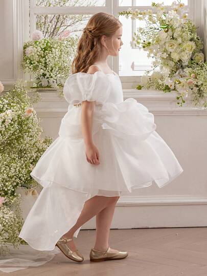 Young Girl White Spaghetti Strap Petal Sleeve Tulle Princess Dress, Elegant Party Gown Suitable For Girls Birthday Party, Banquet, Formal Occasion, Flower Girl, Wedding, Holiday Celebration