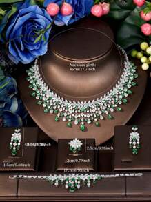 1 Set Dazzling Green Gemstone Necklace Earrings 4pcs Suit, Cubic Zirconia Suitable For Party, Cocktail, Wedding, Bride, MC Formal Dress Accessories