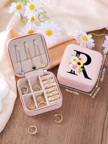 1 件花卉首字母首饰盒、A-Z 字母旅行首饰盒、伴娘、结婚礼物、字母戒指盒、女士礼品盒、PU 皮革首饰盒（用于戒指、吊坠、耳环、项链等） - 女孩和女士礼品盒。