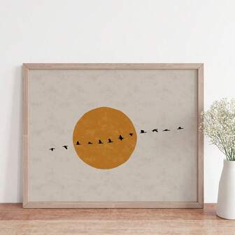 1 pieza, Artes de pared, Carteles vintage, Pintura de pared horizontal japonesa, Impresión de arte japonés de un rebaño de pájaros con sol, Pintura de pájaros decoración japonesa simple, Decoración de sala de estar, Decoración de dormitorio estética, Regalo de inauguración de la casa, Sin marco