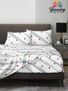 4pcs/Set White Red Heart-Shaped Pattern Sheet Set Easy Care Microfiber Soft Bedding Set Floral Fitted Sheet Set (1pc Flat Sheet+1pc Fitted Sheet+2pcs Pillowcases)Fitted Sheet Set King Queen Full TWIN SIZE Sheet Deep Pocket Up To 11.8 Inch Pillowcase, Soft Breathable Wrinkle-Free Better For Sleep, Luxury Hotel Style, Gift For Mom Dad Friend Domitory Bedding Back School Bedding - White - View 4