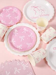 40 pièces/set Ensemble de vaisselle thème nœud rose, décorations de table d'anniversaire roses mignonnes, contenants alimentaires jetables thème nœud rose, décorations de table en papier pour célébrations, décorations de baby shower, plateaux alimentaires décorés pour révélation de sexe, gobelets à boissons jetables roses, ensemble de vaisselle jetable pour pique-nique et camping extérieur, plateau à gâteau de cuisine, faveurs de fête, comprend 8 assiettes de 7 et 9 pouces, 8 gobelets en papier et 16 serviettes, faveurs de fête - arc rose - Voir 4