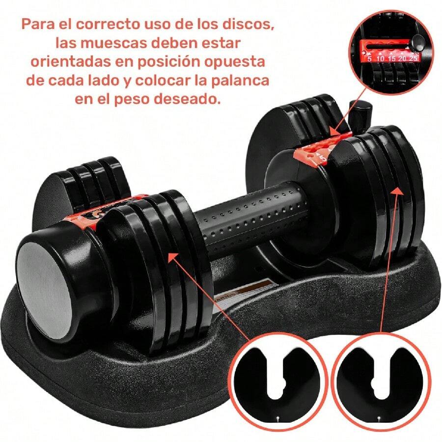 Mancuernas Ajustables para Ejercicio Multiusos 8 Discos 2.27 a 11.7 Kg Pesas 5 a 25 Libras Ajuste Rapido de Palanca Mango Antiderrapante Gimnasio Gym Casa Hogar Fitness Incluye Base - 1 - Ver 1