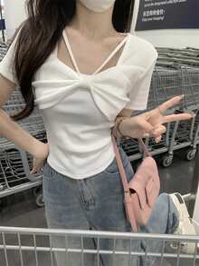 方领短袖蝴蝶结T恤，修身修身上衣 - 白色 - 查看 6
