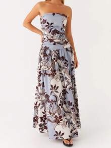 Women's Strapless Tube Top Dress Stylish Floral Print Sleeveless A Line Tube Long Dress For Spring  Summer - Coffee - View 2