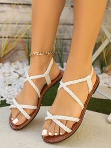 Sandalias planas para mujer, estilo romano de verano con puntera abierta, correa trenzada sin respaldo, calzado cómodo de verano para uso diario, diseño de puntera abierta a la moda, transpirable, sandalias casuales versátiles, adecuadas para cualquier atuendo en colores negro, blanco y marrón