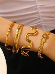 1pc Minimalist Fashionable Metal Polka Dot, Wavy Bamboo Joint Eyes Element Stainless Steel Bracelet For Women, Suitable For Parties And Daily Wear