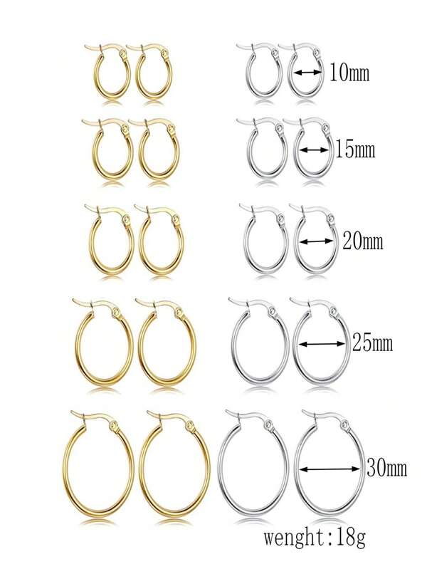 5 Pares / Set De Clásicos Aretes De Aro De Acero Inoxidable, Aretes De Hilo Hipoalergénicos De Acero De Titanio, 10 Piezas