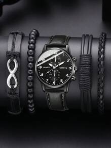 5 peças de pulseira preta masculina, pulseira de relógio de quartzo com escala de algarismos arábicos, elegante e empresarial, adequada para decoração diária ou presentes de Natal