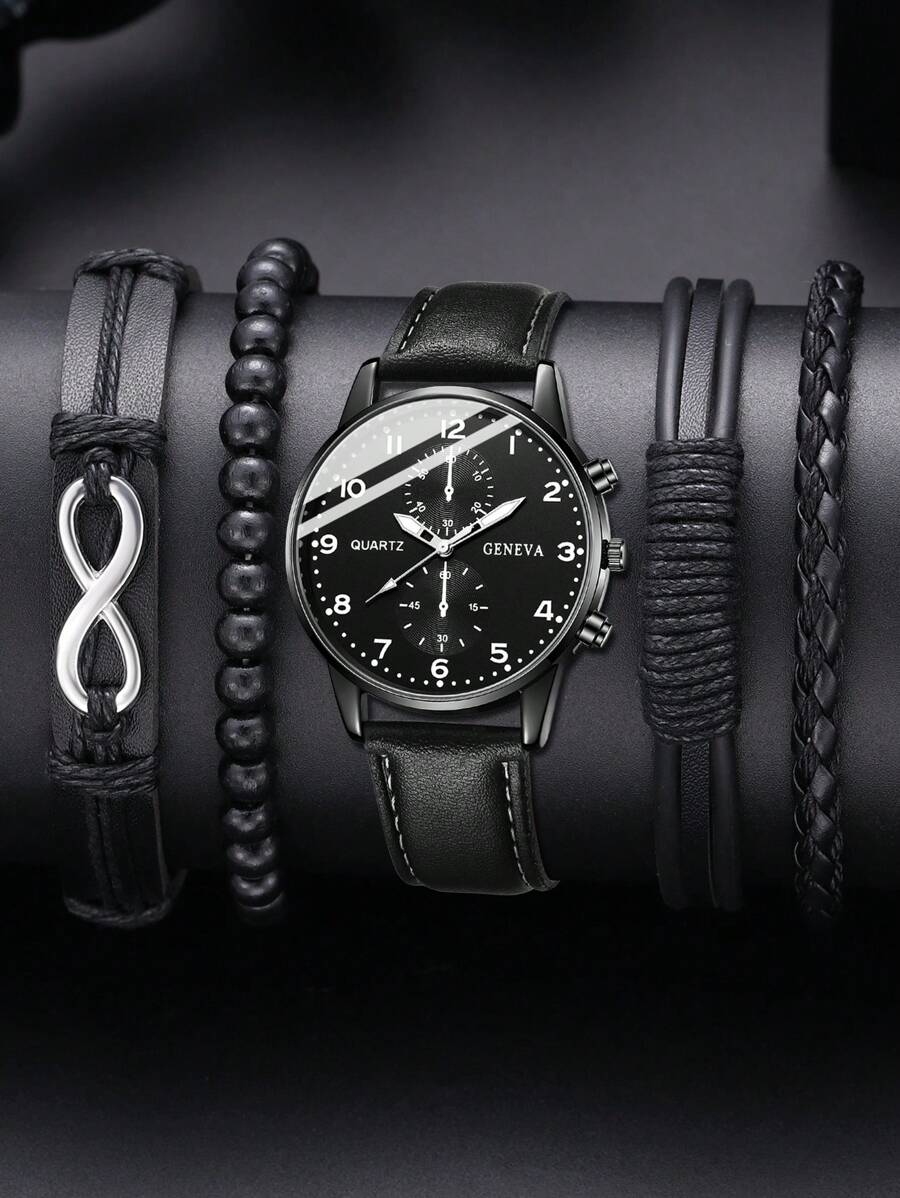 5 peças de pulseira preta masculina, pulseira de relógio de quartzo com escala de algarismos arábicos, elegante e empresarial, adequada para decoração diária ou presentes de Natal