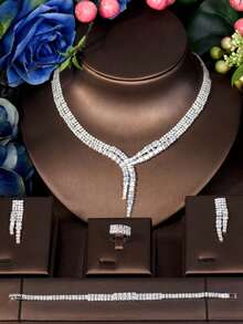 1 套女士优雅流苏方晶锆石首饰套装 - 项链、耳环和吊坠，适合婚礼、日常、派对、购物、礼品、礼服配饰