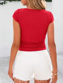 Women Summer Short Sleeve Y2K Shirt Crew Neck Ribbed Knit Stretchy Ruched Slim Fit Basic T-Shirt Workout Street Going Out Tee Shirt Tops - Đỏ - Xem 2