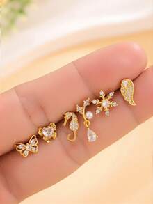 5/6/22pcs Copper Zirconia Butterfly, Heart Geometric L-Shaped Nose Stud & Earrings, Unisex Piercing Jewelry For Daily Wear - Multicolor - View 15